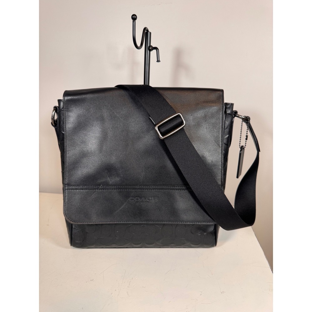 Coach Houston Map Bag Black Signature Embossed Leather Crossbody 4006